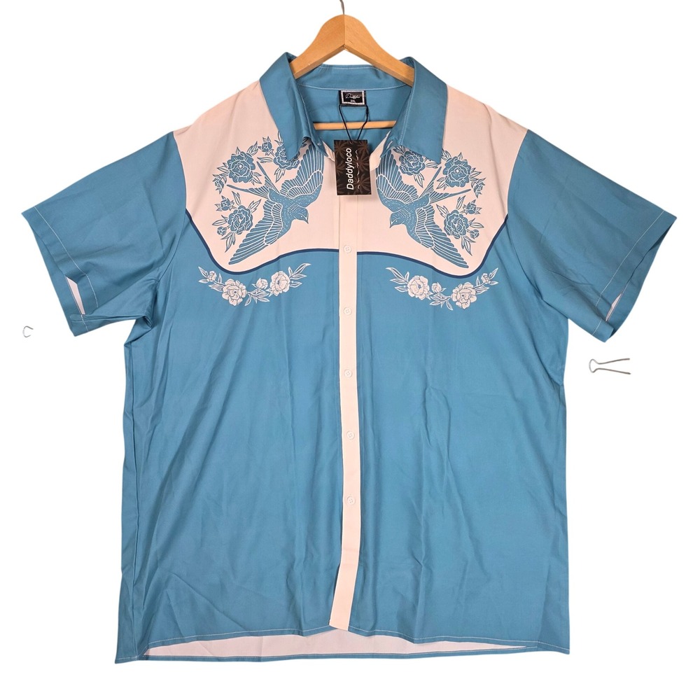 NWT Daddy Loco 2XL Blue Western Floral Bird Embroidered Hawaiian Button Up Shirt